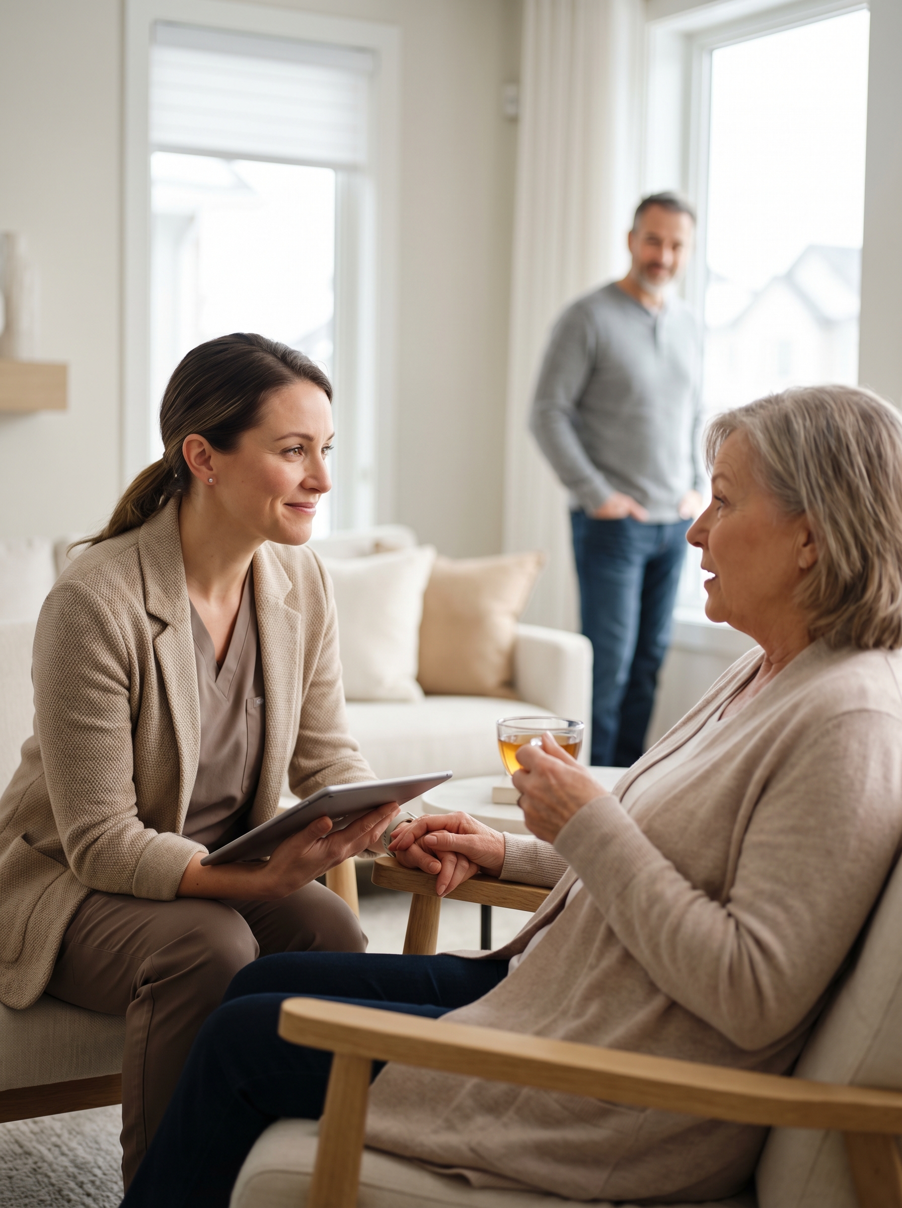 Unicare care team member speaking with a patient at home